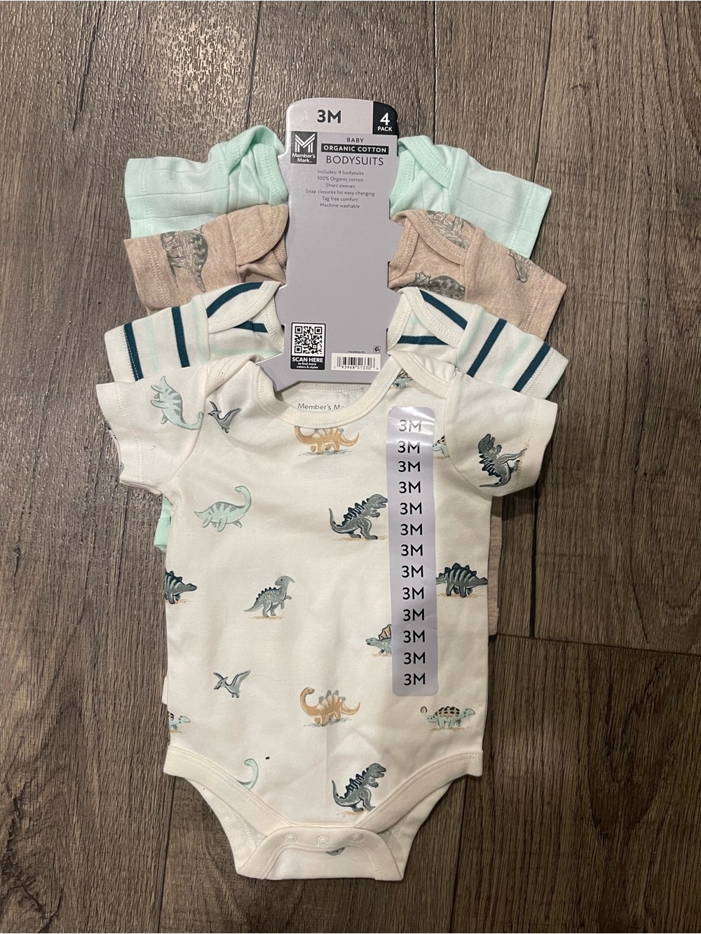 3M Organic Cotton Dino Print Baby Bodysuit Set - Cream & Pastel